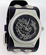 Steel Dragon Wide Black White Stitch Leather Band Circle Trendy Design Steel Black Dial Gothic Punk Biker Wristband Watch