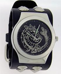 Black Dragon Wide Black Silver Stud Leather Band Circle Trendy Design Steel Black Dial Gothic Punk Biker Wristband Watch