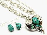 Large & Chunky Turquoise Genuine Stone Heart & Flower Charm Necklace & Earrings Set...