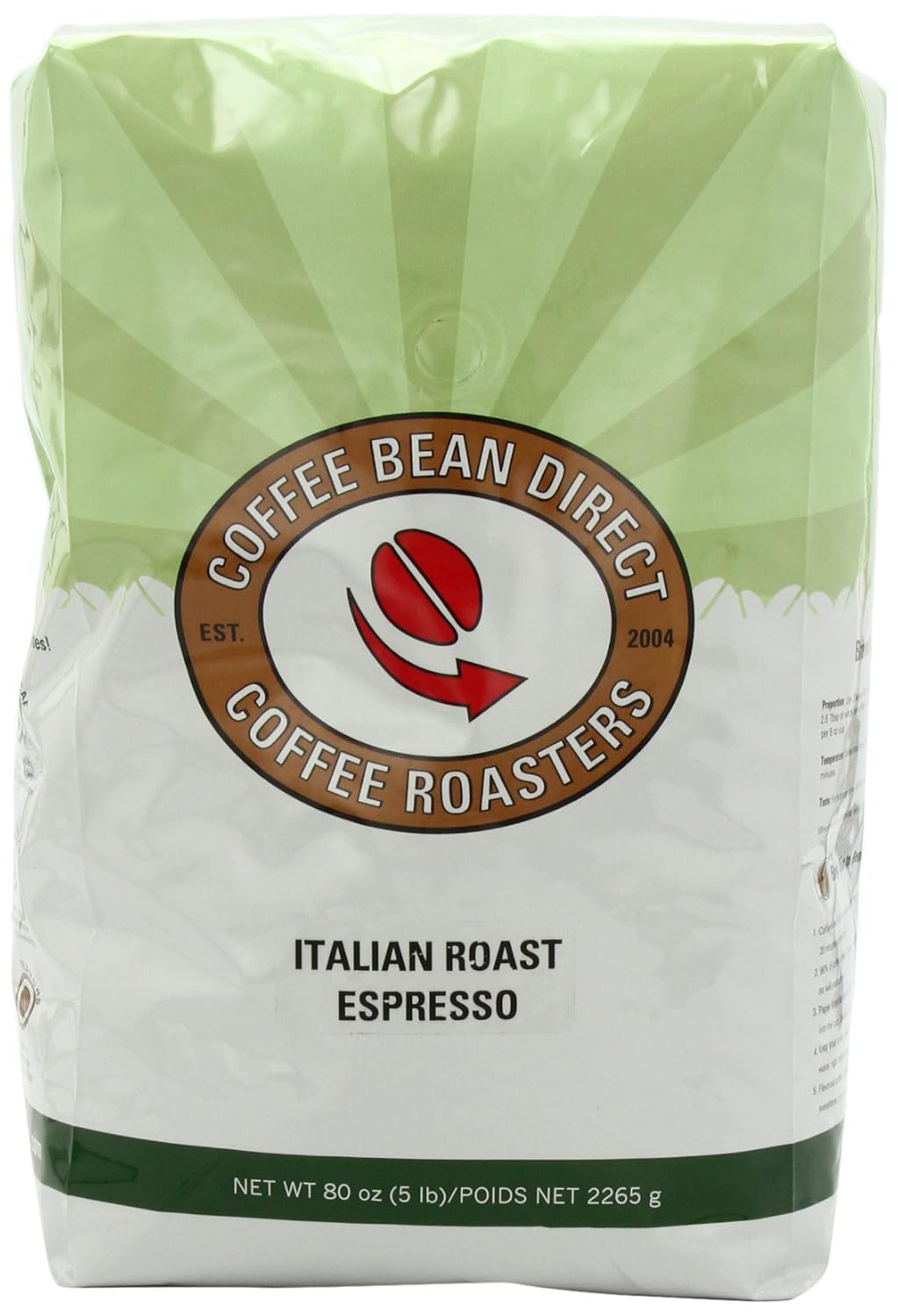 Coffee Bean Direct Italian Roast Espresso, Whole Bean Coffee, 5Pound