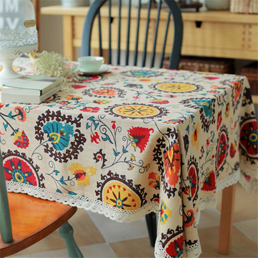Superwinger Vintage Lace Sun Flower Tablecloth,Linen Embroidered