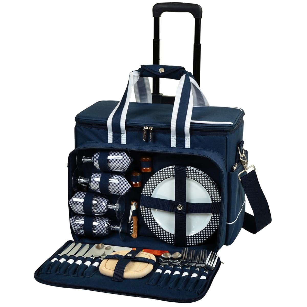 Picnic at Ascot Ultimate Insulated Picnic Cooler on Wheels with Service for 4. Navy