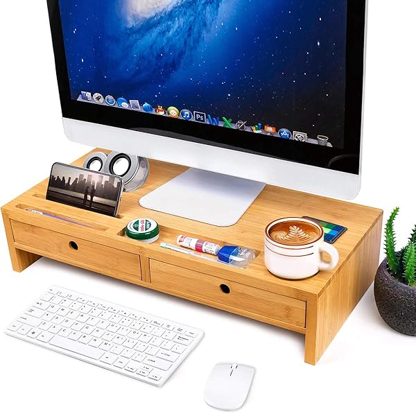 Bamboo Monitor Stand Riser With Drawers Sturdy Desk Organizer