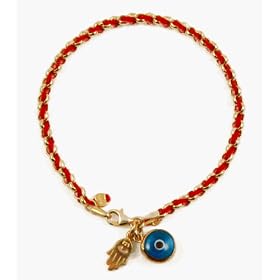 14K Gold Vermeil Kabbalah Bracelet with Hamsa Hand and Evil Eye, 7.0 inches