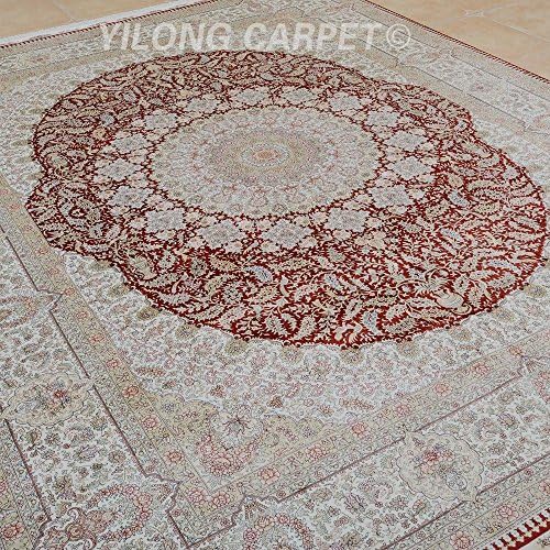 Yilong 9'x12' Hand Knotted Kerman Silk Rug Classic Oriental Medallion Design Handmade Area Rugs (Ivory and Red) YL0882