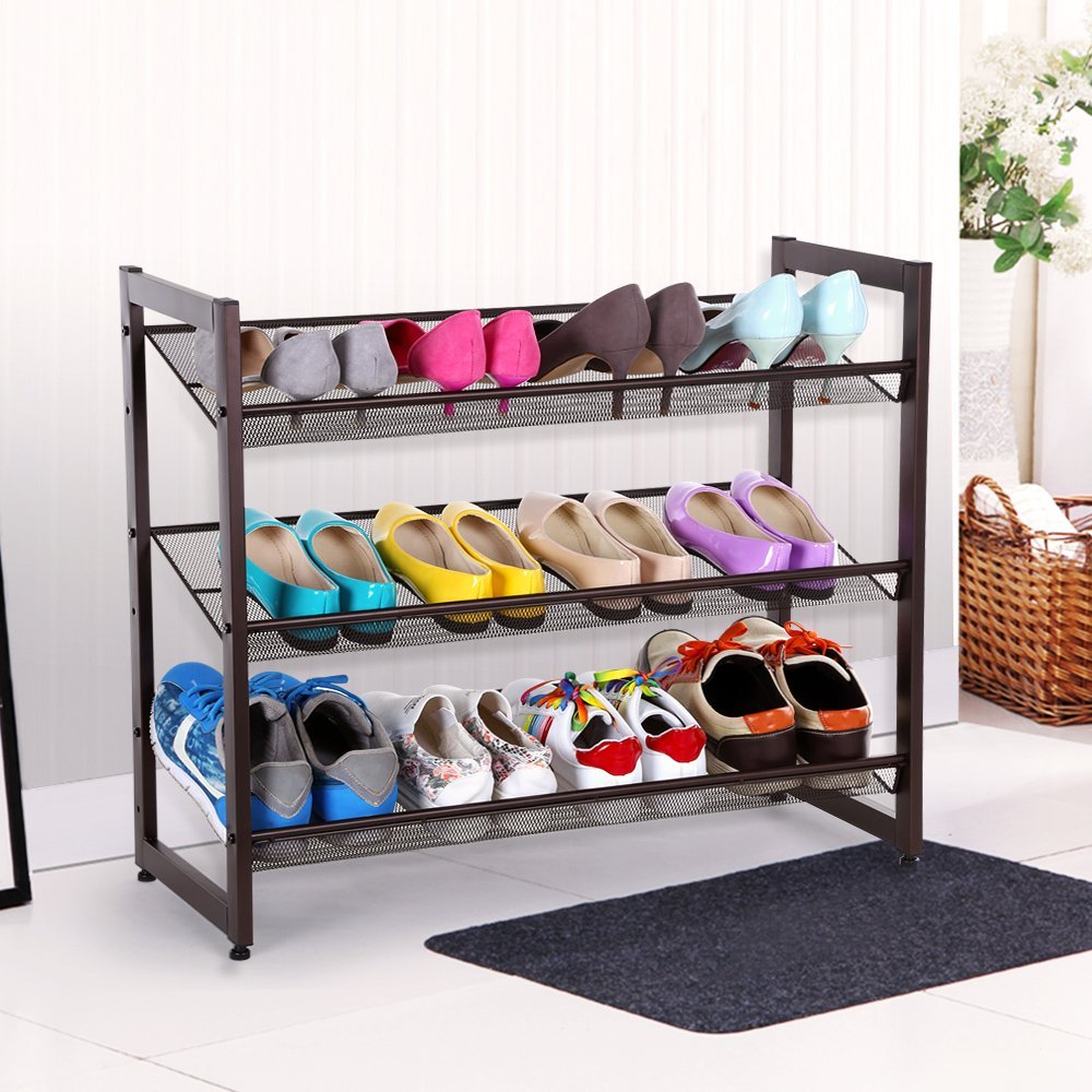 SONGMICS 3Tier Stackable Metal Shoe Rack Flat &amp; Slant