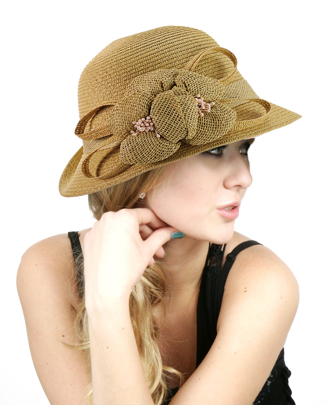 NYfashion101 Side Flip Cloche Bucket Hat w/ Woven Flower & Ribbon Accent