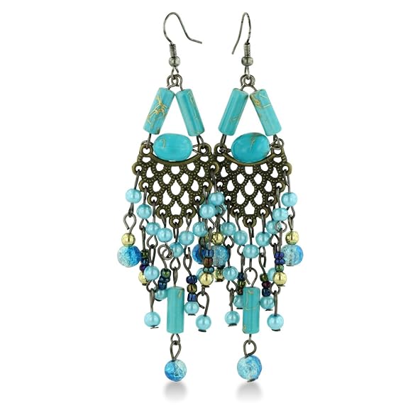 Blue Multi-Size Beaded Gold Tone 3 1/2 Inch Chandelier Earrings