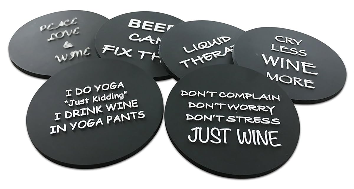 6 Wine Coasters Funny Drink Premium Coasters for Beer Whiskey Cocktails and more. Large Size 4”x 4” - Rubber Made no fade logo molded to last a lifetime (Black Round)