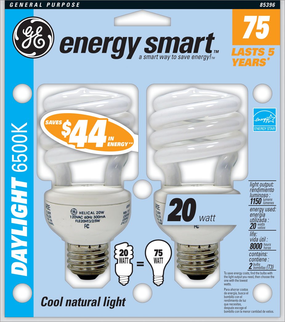 4 GE 20 Watt CFL Daylight 6500K Light Bulbs = 75W Energy Smart Saving