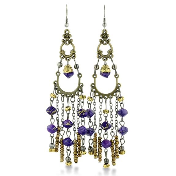 Antique Finish Gold Tone Purple Beaded 4 Inch Chandelier Dangle Drop Earrings