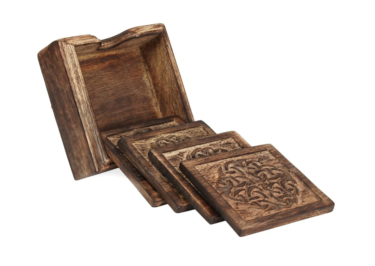 Rustic Wooden Coasters with Celtic Knot Design and Holder, Set of 4