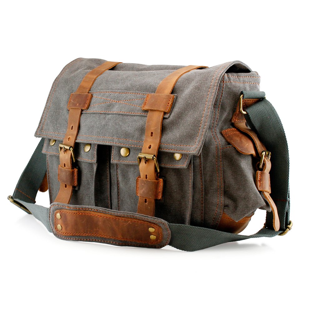 GEARONIC TM Men's Vintage Canvas and Leather Satchel School Military