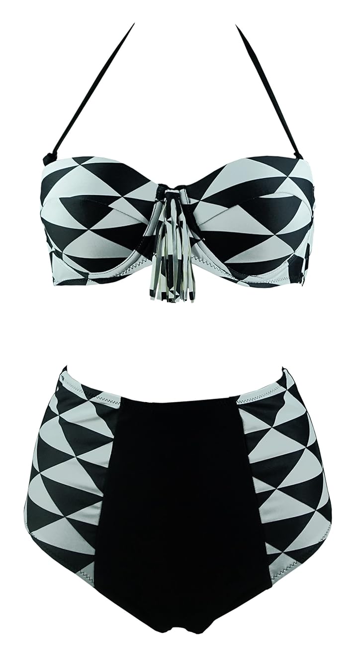 Cocoship Retro Black White Geometric Patterns High Waist Bikini Tassel