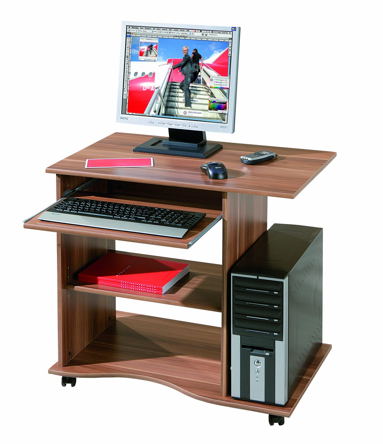 Small Computer Desk Walnut Effect Castors Keyboard Shelf Office