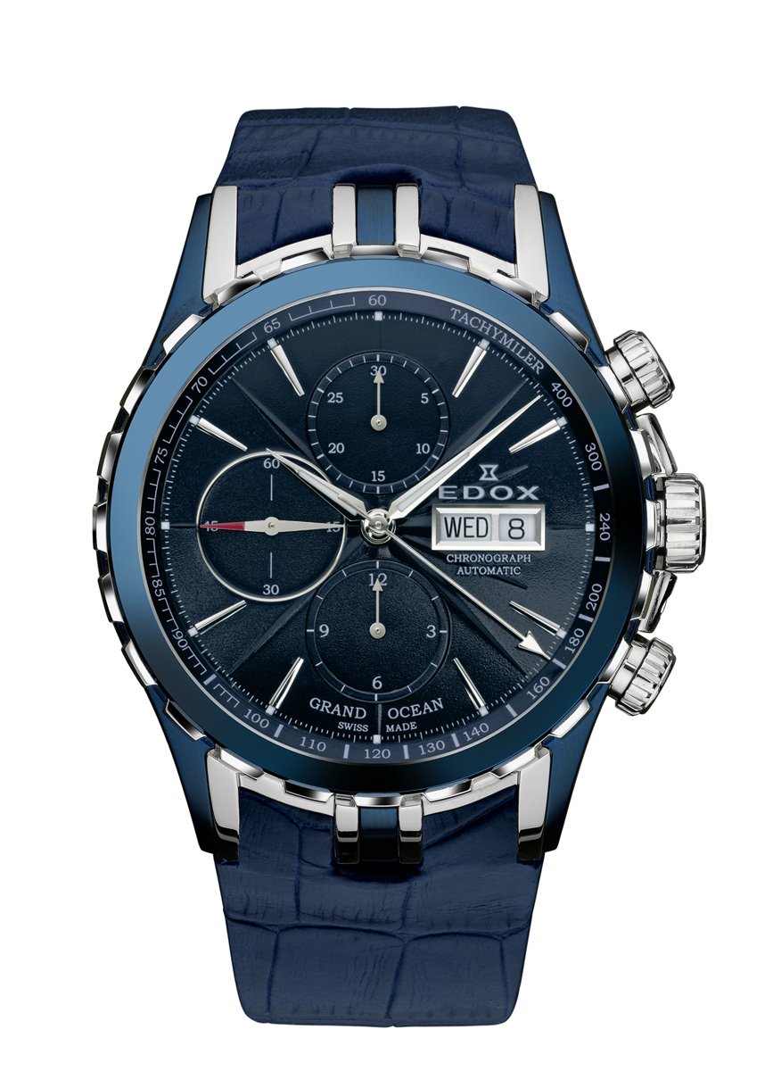 Edox Men's 01113 357B BUIN Grand Ocean Automatic Chronograph Blue PVD Genuine Leather Watch