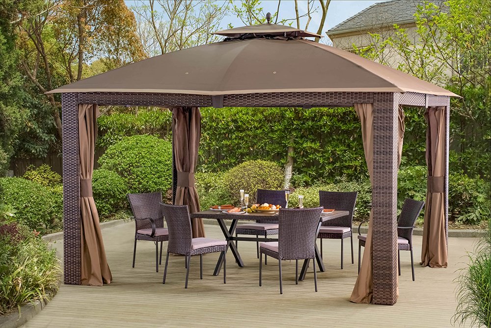Sunjoy 12 x 10 Sonoma Wicker Gazebo, Large, Brown/Gold Trim