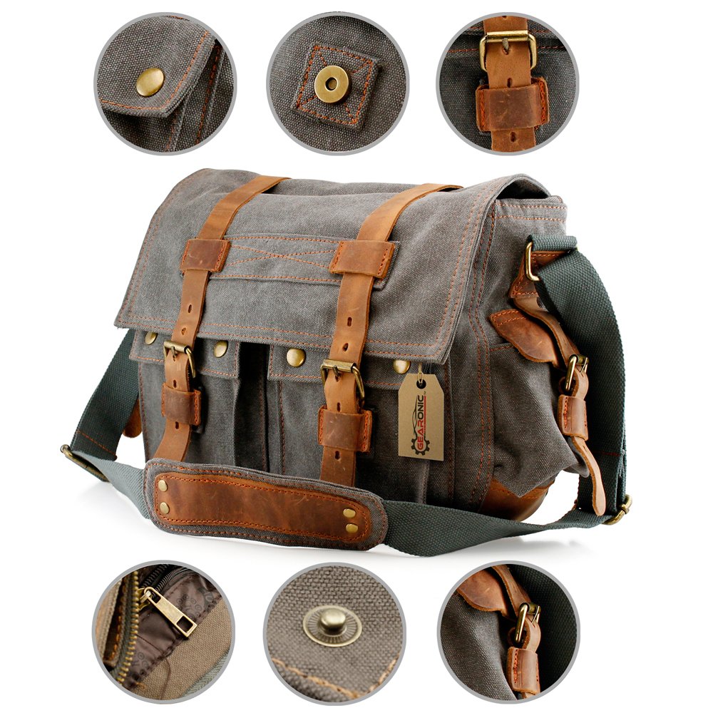 GEARONIC TM Men's Vintage Canvas and Leather Satchel School Military Shoulder Bag Messenger