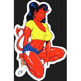 Sexy Devil Girl Squatting in Yellow Shirt by Coop - Sticker / Decal