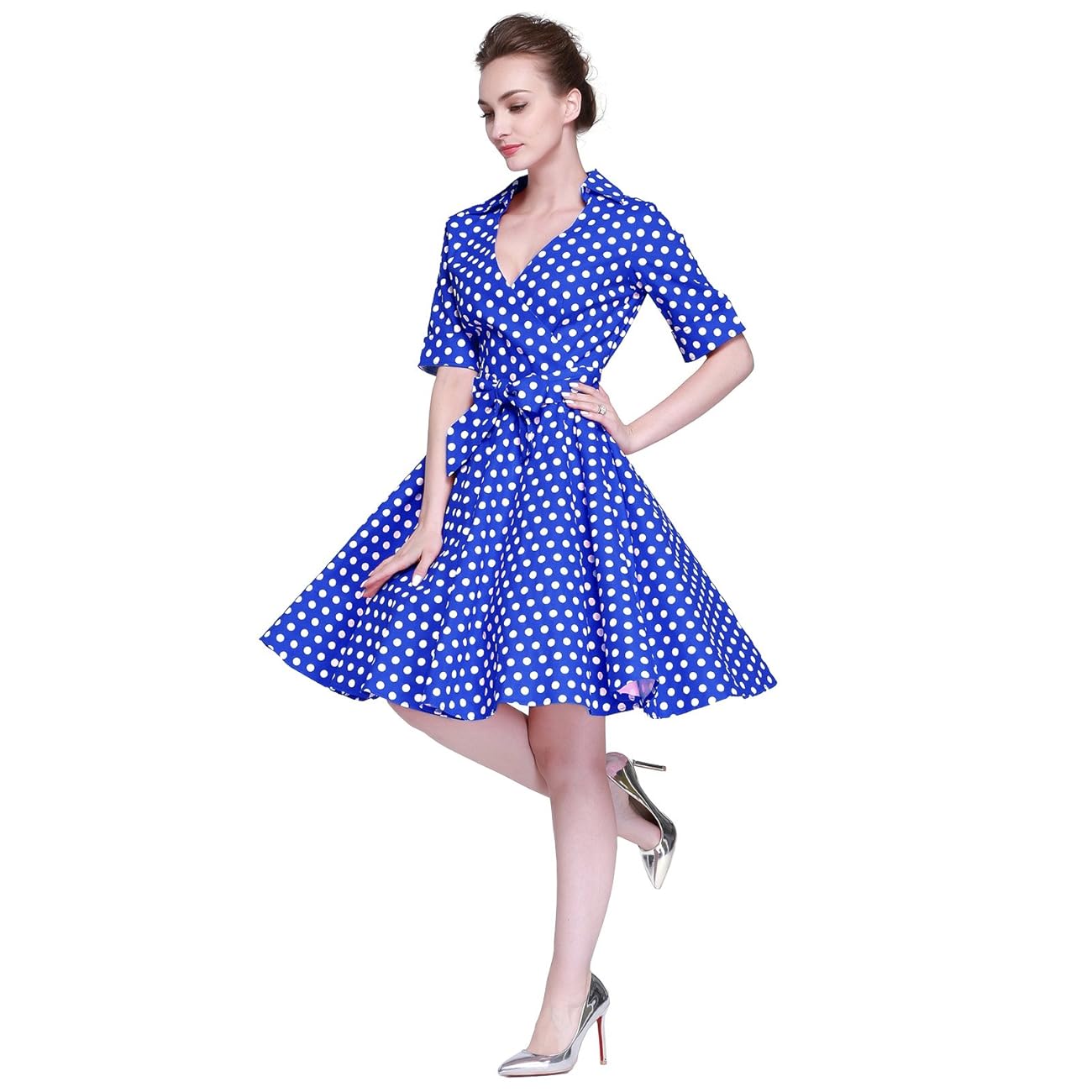 Heroecol Womens Vintage 1950s Dresses Cross V Neck Short Sleeve 50s 60s