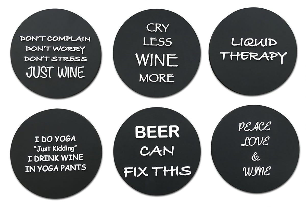 6 Wine Coasters Funny Drink Premium Coasters for Beer Whiskey Cocktails and more. Large Size 4”x 4” - Rubber Made no fade logo molded to last a lifetime (Black Round)