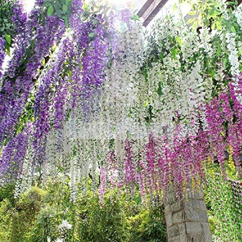 CYNDIE Wedding Flower 12x Artificial Silk Wisteria Fake Garden Hanging Flower Vine Home Wedding Decor Purple