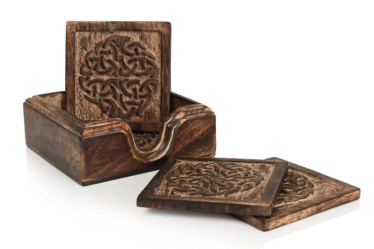 Rustic Wooden Coasters with Celtic Knot Design and Holder, Set of 4