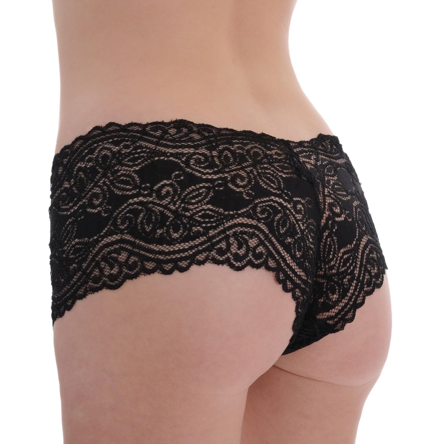See Through Panties Alluring Black Lace Boy Short Panty with Scalloped