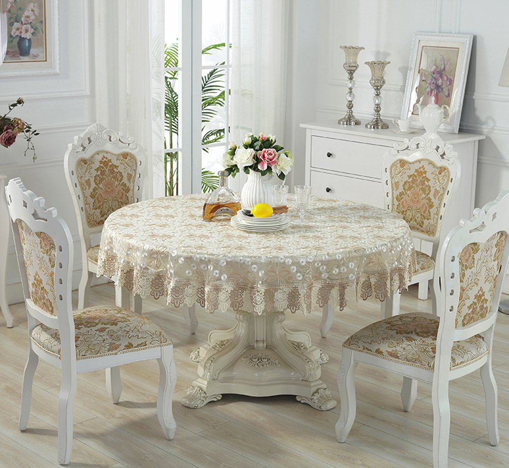 QXFSMILE Beige Lace Tablecloth Embroidered Dandelion Table Cover Round