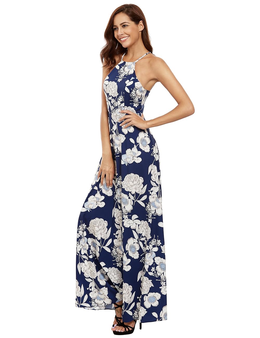 Floerns Women's Sleeveless Halter Neck Vintage Floral Print Maxi Dress