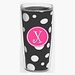 Black & White Polka Dot 16 oz Insulated Beverage Tumbler w/Monogram - Hot Pink & White Emblem (Curlz Font) - Letter X