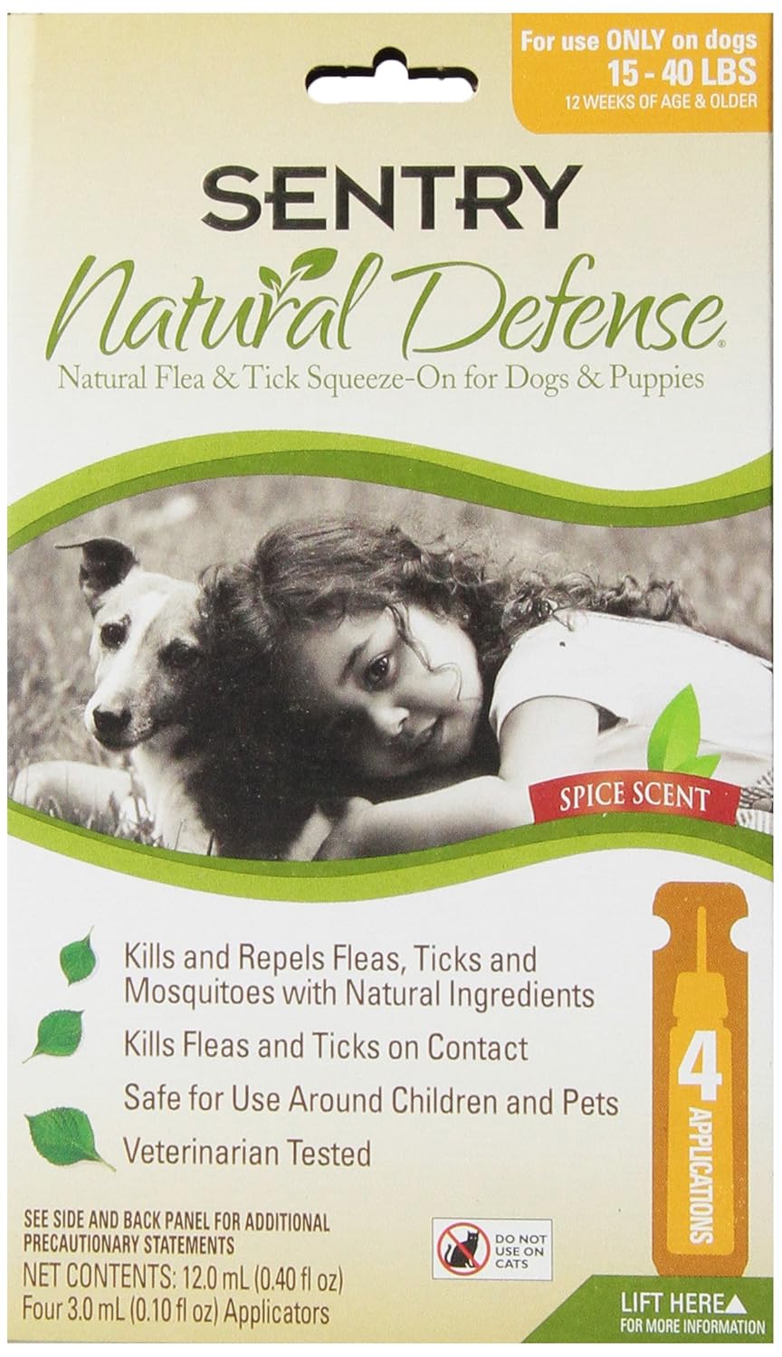 Sentry 4 Count Natural Defense Flea and Tick SqueezeOn for Dogs, 15 to