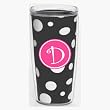Black & White Polka Dot 16 oz Insulated Beverage Tumbler w/Monogram - Hot Pink & White Emblem (Curlz Font) - Letter D