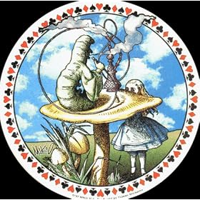 Alice in Wonderland - Alice with Caterpillar Smoking Hookah on Mushroom with Card Suit Border - Sticker / Decal