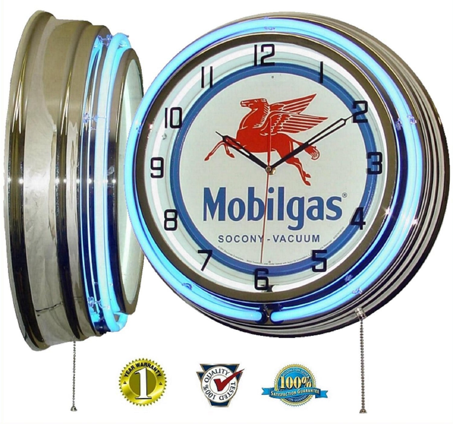 18" Vintage MOBILGAS Metal Sign Double Neon Wall Clock Mobil Gas