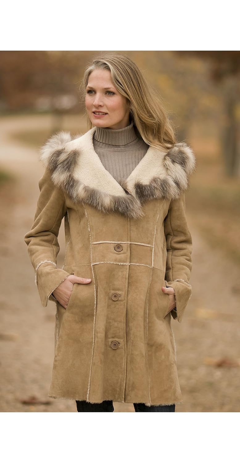 Women's Gwyneth Shearling Sheepskin Coat with Fox Fur Trim