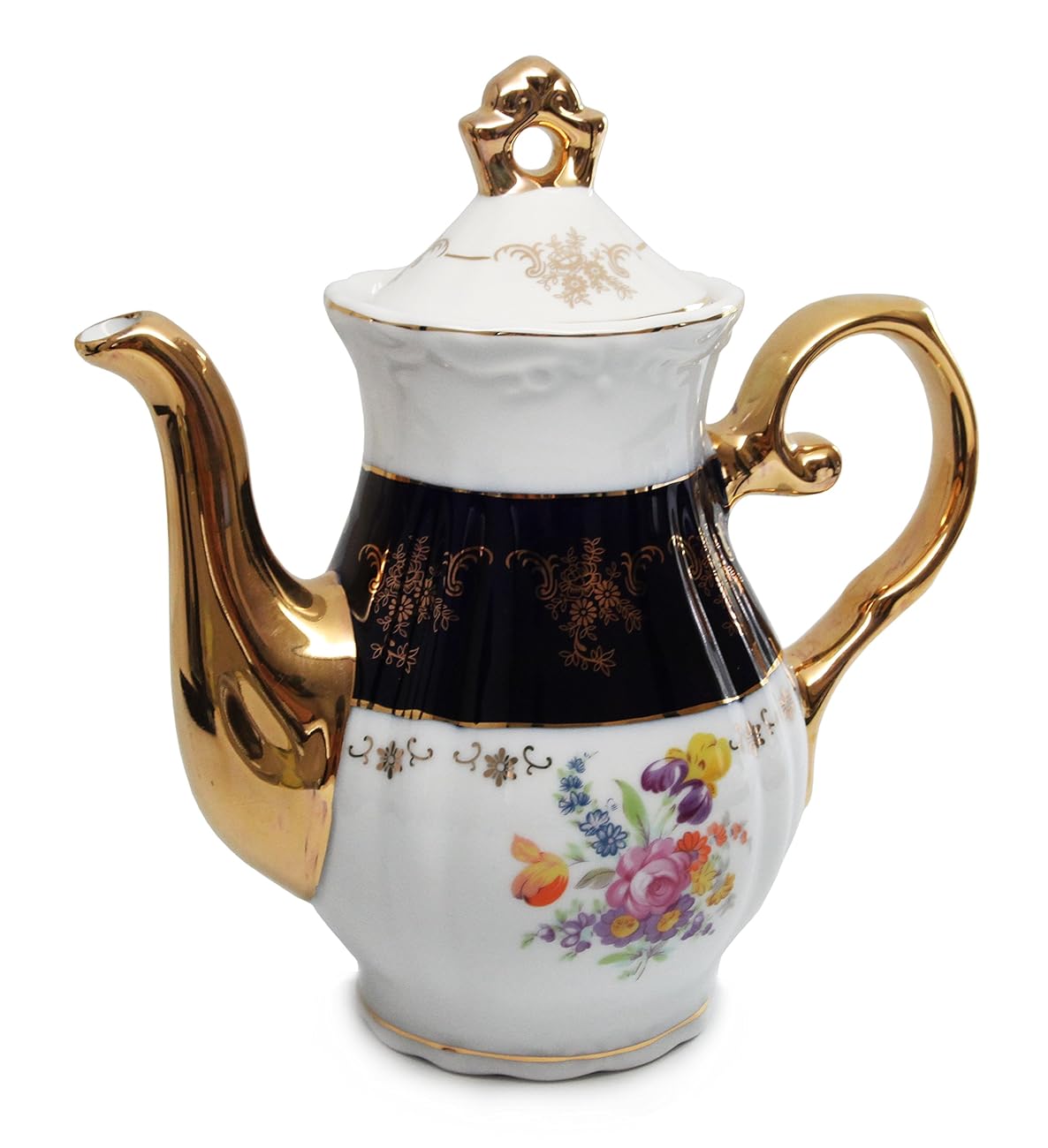 Royal Porcelain 17pc FlowerPatterned Dark Blue Tea Set, 24K Gold