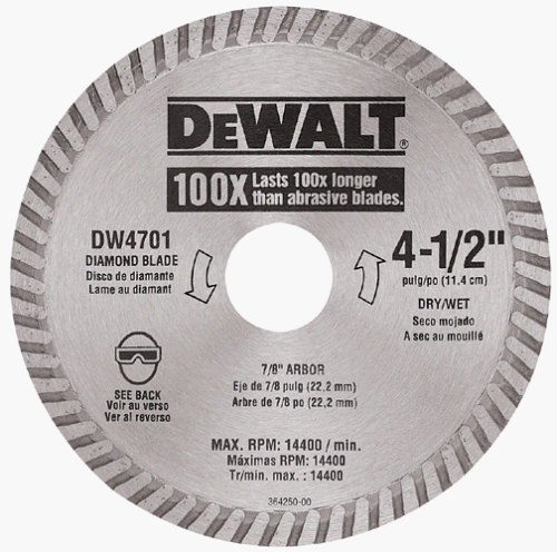 Tools: DeWalt DW4701 Industrial 4 1/2 Inch Dry or Wet Cutting Continuous Rim Diamond Saw Blade with 7/8 Inch Arbor