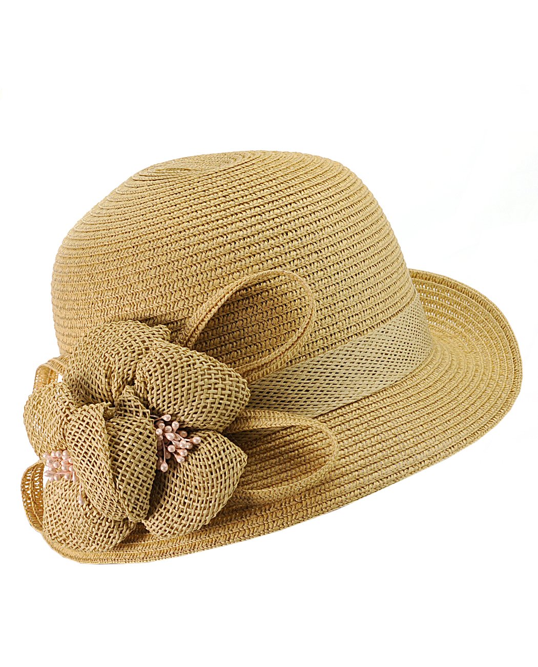 NYfashion101 Side Flip Cloche Bucket Hat w/ Woven Flower & Ribbon Accent