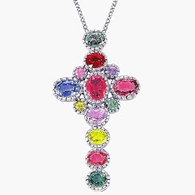 14K White Gold Genuine Yellow, Pink, Green, Blue, Red Sapphire Cross Pendant