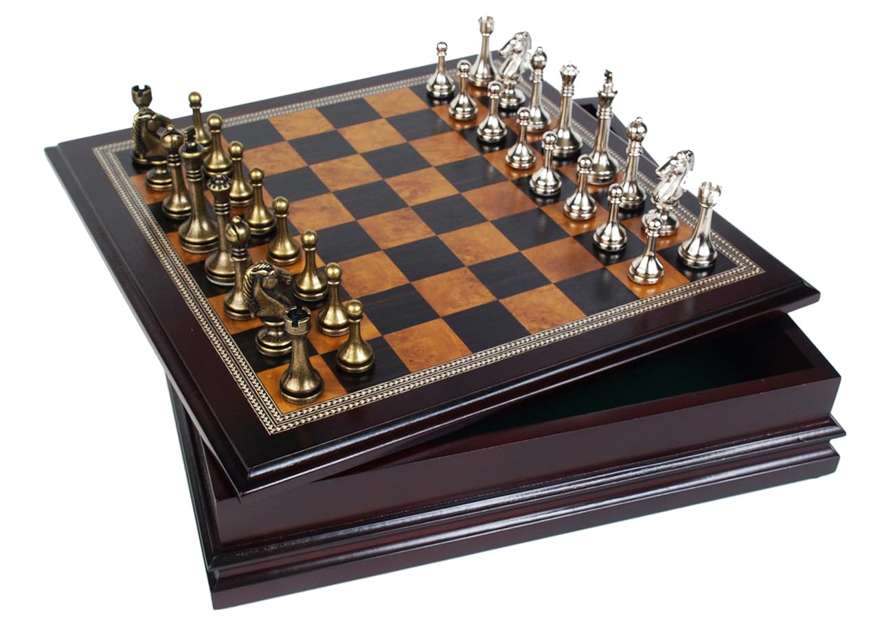 Metal Chess Set With Deluxe Wood Board and Storage 2.5" King
