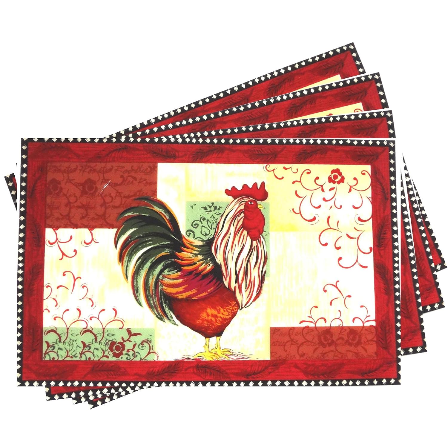 Easy to Clean Anti-Skid Vinyl Plastic Placemats with Red Rooster Decor Set of 4