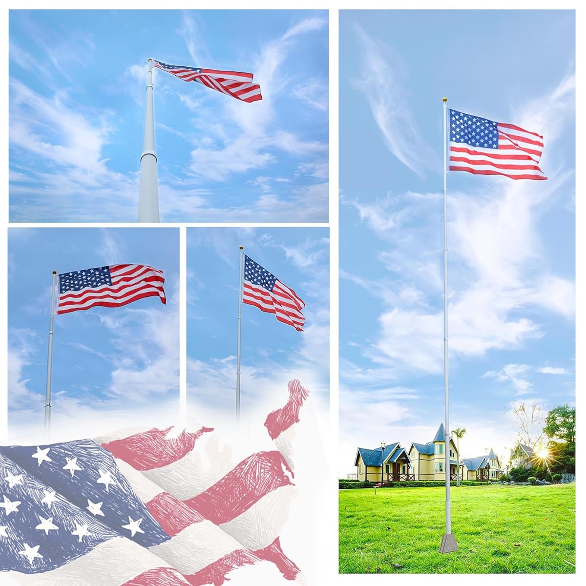 Voilamart 20ft Flagpole Telescopic 5 Sectional Fly 2 Flags, Outdoor