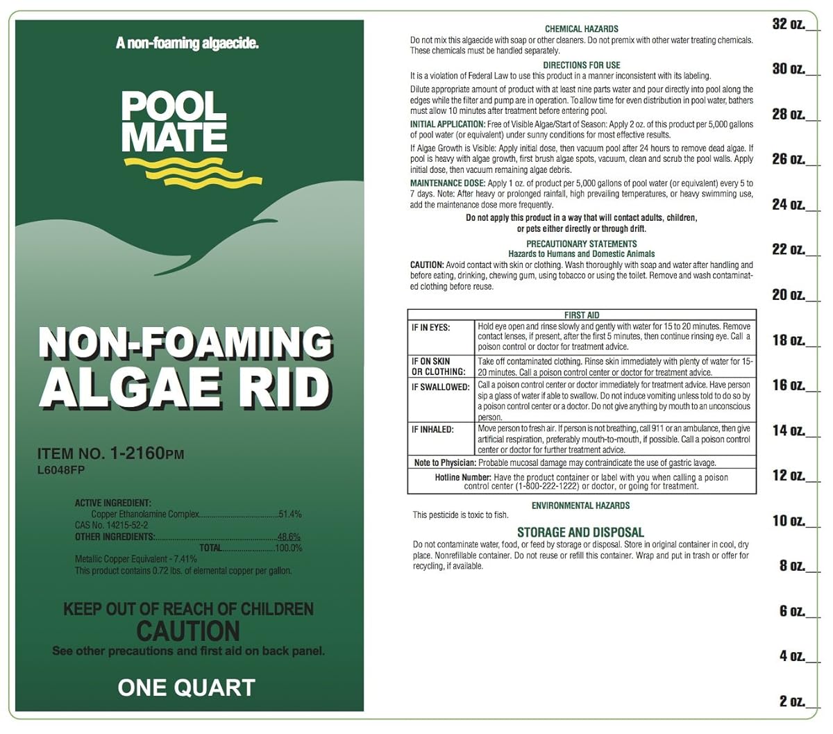 Pool Mate 12160 NonFoaming Algae Rid Swimming Pool Algaecide, 1Quart