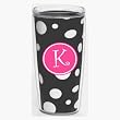 Black & White Polka Dot 16 oz Insulated Beverage Tumbler w/Monogram - Hot Pink & White Emblem (Curlz Font) - Letter K