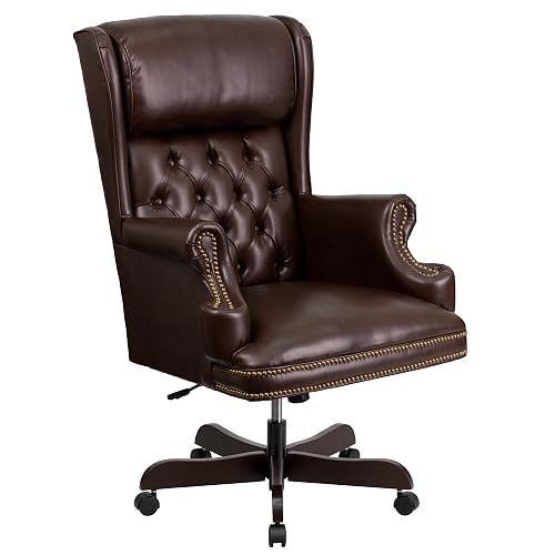High Back Traditional Tufted Brown Leather Executive Swivel Office Chair