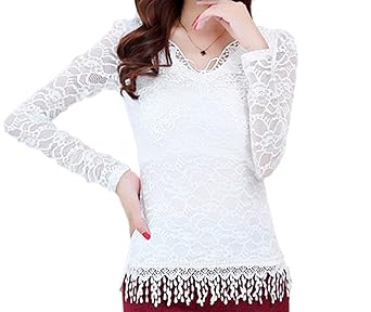 【クリックで詳細表示】(ペプ) PEPU 蝶 花 柄 レース ブラウス 長袖 大人 レディース ファッション トップス Vネック シャツ (ホワイト XL) ： 服＆ファッション小物通販 ｜ Amazon.co.jp