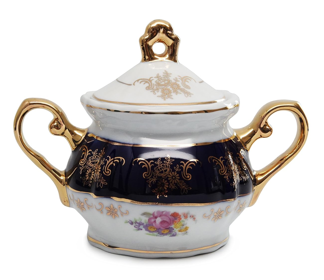 Royal Porcelain 17pc FlowerPatterned Dark Blue Tea Set, 24K Gold