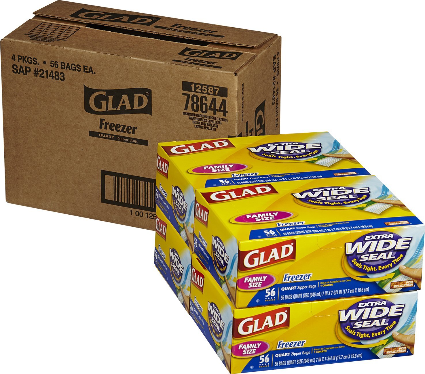 Glad Food Storage Bags Freezer Zipper Quart 56 Count (Pack of 4
