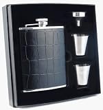 Visol Crocodile Patterned Leather 6 oz Stainless Steel Flask Gift Set w/ 2 shot cups and a funnel